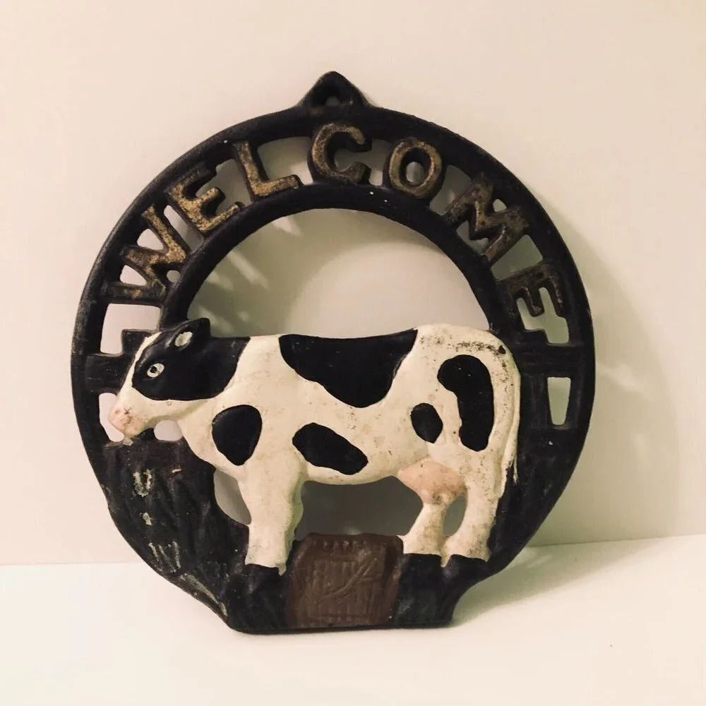 Vtg Cast  Iron Cow Welcome Door Hanger Sign Farmhouse Decor
